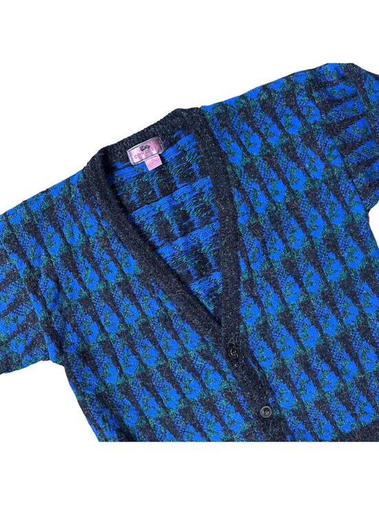 Concrete Mix Sweaters - Vintage Cardigan Sweater XL Blue Black Concrete Mix 1980s Hong Kong Geometric